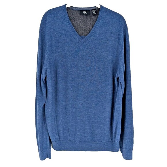 CALVIN KLEIN Sweater SZ XL Blue "Extra Fine Merino Wool" V Neck Preppy Academia - Picture 1 of 11